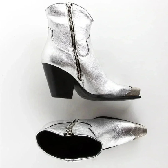 NEW Free People Brayden Western Boots Leather, Steel Metallic Silver - Picture 2 of 11